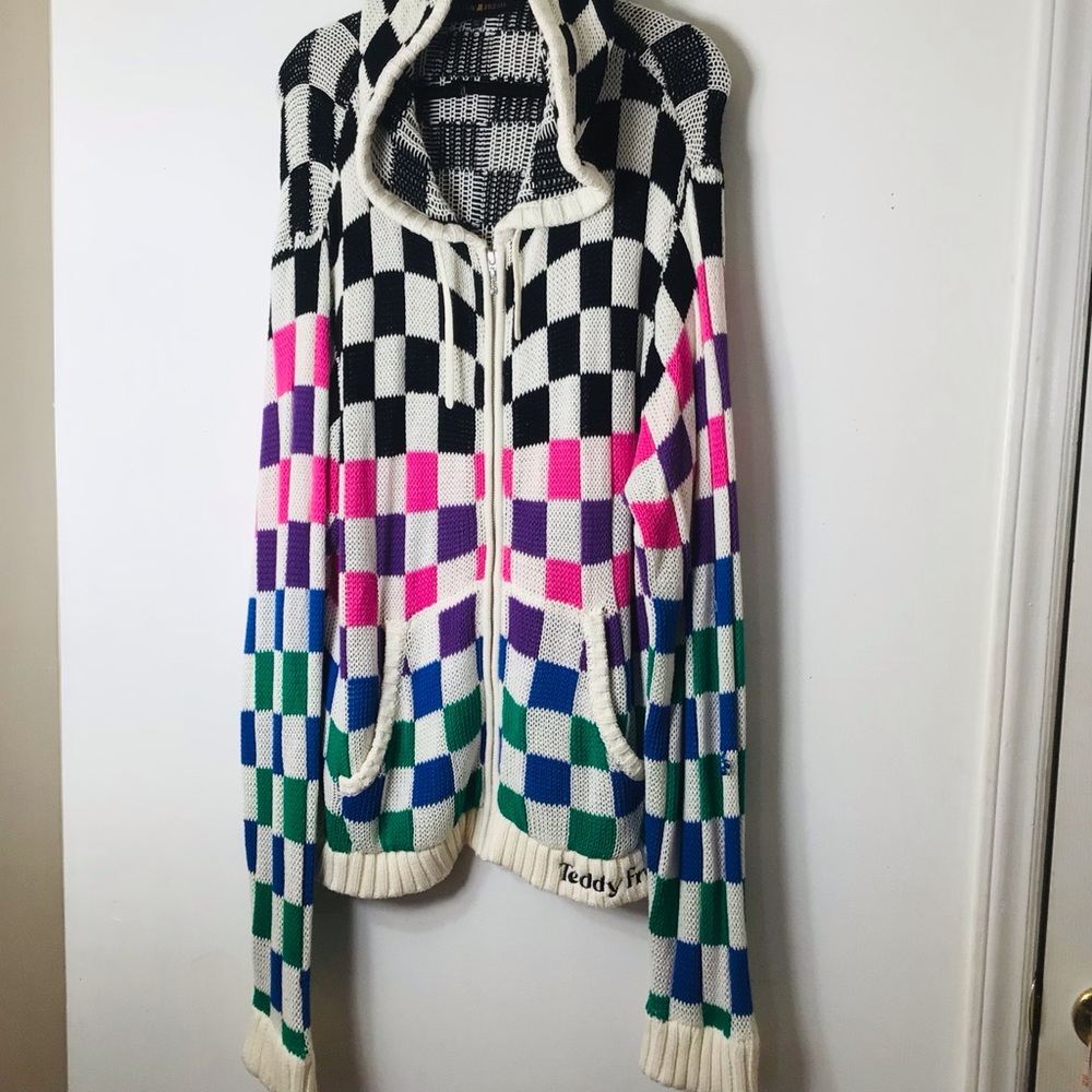 Teddy Fresh men XL 2XL stripe check multicolor cardigan hoody designer